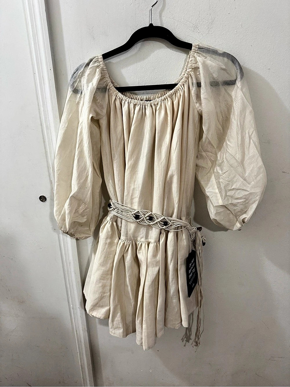 NWT Lulus Maddi Mini Dress Puff Sleeve Mini Dress in Cream with Belt, Size Small